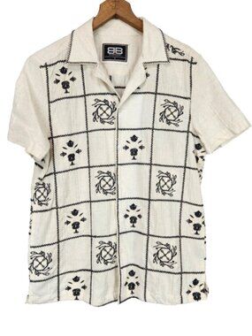 Benjamin Black Mens Button Down Linen Shirt M Neutral Black Embroidery Boho